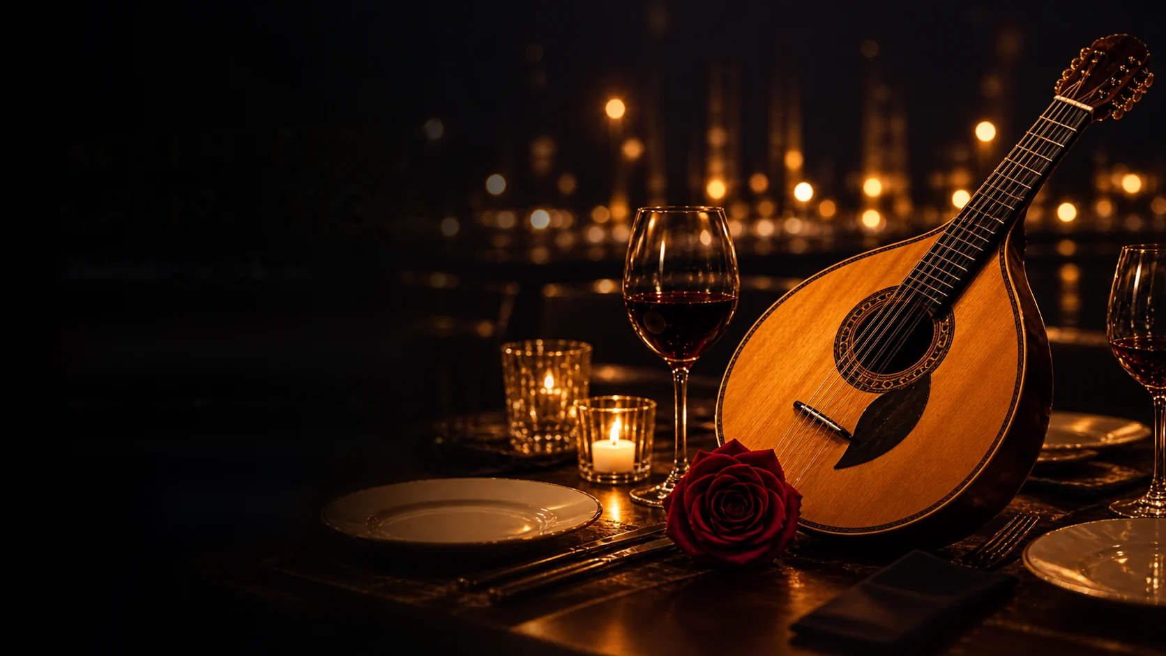 Mesa posta com guitarra portuguesa, copos de vinho e rosa vermelha