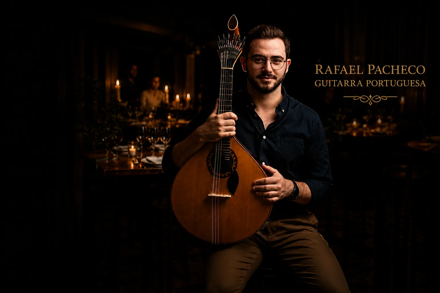 Rafael Pacheco com guitarra portuguesa num restaurante à luz de velas